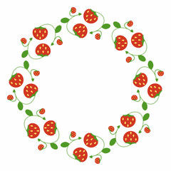Elegant round frame of strawberries. Simple spring decoration of the plant elements in a flat style.