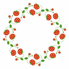 Elegant round frame of strawberries. Simple spring decoration of the plant elements in a flat style.