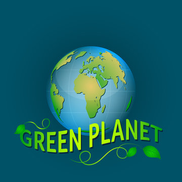 Illustration green planet on a blue background with leaves.