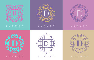 D Letter Pastel Floral Monogram Lines Logo Design.