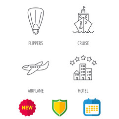 Cruise, flippers and airplane icons. Hotel linear sign. Shield protection, calendar and new tag web icons. Vector