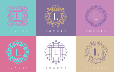 L Letter Pastel Floral Monogram Lines Logo Design.