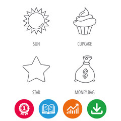 Sun, star and cupcake icons. Money bag linear sign. Award medal, growth chart and opened book web icons. Download arrow. Vector