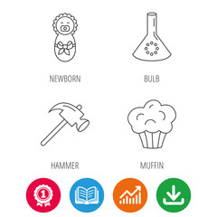 Newborn, muffin and lab bulb icons. Hammer linear sign. Award medal, growth chart and opened book web icons. Download arrow. Vector
