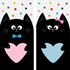 Black cat kitty family holding pink blue heart shape paper. Poster Notebook cover Composition book template. Cute cartoon character set. Pet baby collection Card. Flat design. White background dot.