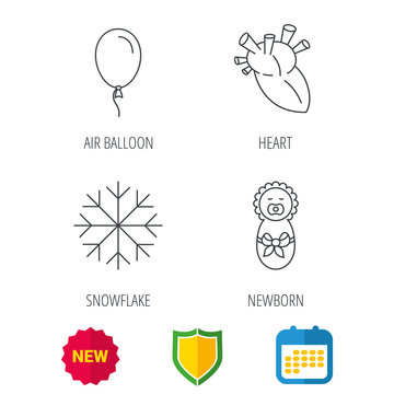 Newborn, heart and air balloon icons. Snowflake linear sign. Shield protection, calendar and new tag web icons. Vector