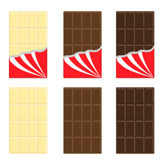 White, milk, dark chocolate bar icon set. Opened red wrapping paper foil . Tasty sweet dessert food. Rectangle shape Vertical piece. Modern simple style. Flat design background. Isolated.