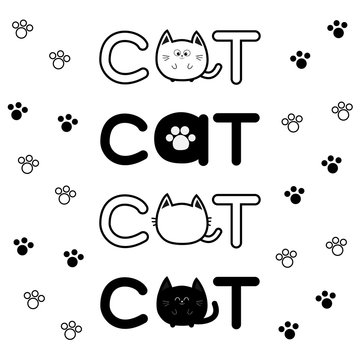 Round shape black cat text icon. Lettering Paw print set Cute cartoon character. Kawaii animal. Big tail, whisker, eyes. Happy emotion. Kitty kitten Baby pet collection. White background Isolated Flat