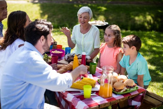 Happy multi generation family having meal on table