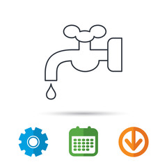 Water supply icon. Crane or Faucet with drop sign. Calendar, cogwheel and download arrow signs. Colored flat web icons. Vector