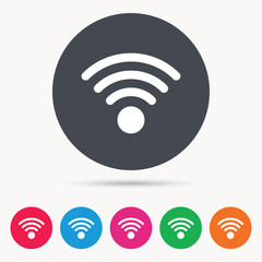 Wifi icon. Wireless internet sign. Communication technology symbol. Colored circle buttons with flat web icon. Vector