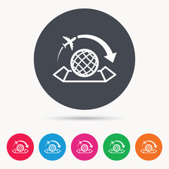 World map icon. Globe with arrow sign. Plane travel symbol. Colored circle buttons with flat web icon. Vector