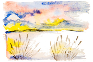 watercolor landscape sunset on the lake