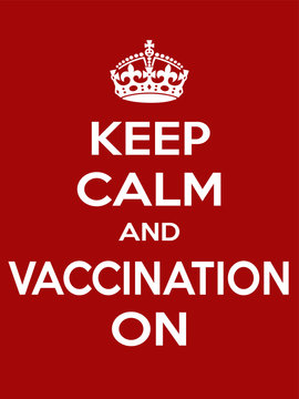 Vertical rectangular red-white motivation vaccination poster based in vintage retro style Keep clam