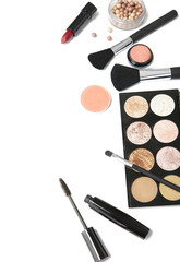Cosmetic beauty products isolated on a white background, and arranged to make up a page border with empty space at side
