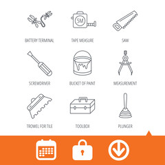 Screwdriver, plunger and repair toolbox icons. Trowel for tile, bucket of paint linear signs. Measurement, battery terminal icons. Download arrow, locker and calendar web icons. Vector