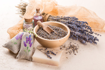 Wellness care products with lavender seeds in a bowl © Irina Burakova