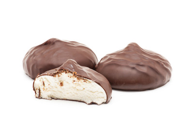 chocolate covered marshmallows on white background