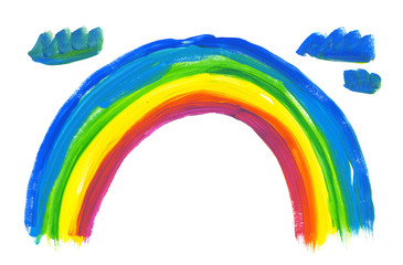 Childish hand drawn rainbow symbol on white background. Acrylic