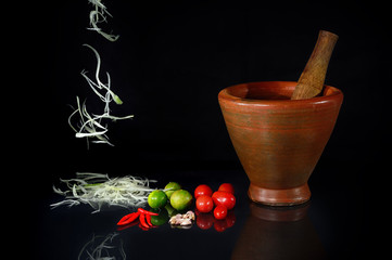 SomTum thai salad material papaya, tomato, lime, garlic, chili, for making thai food.