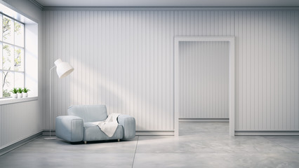 scandinavian style , interior design,light gray sofa with lamp on white wall and concrete flooring , 3d render