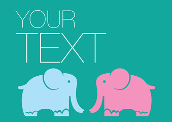 Two cute elephants isolated on green with copy space vector background design