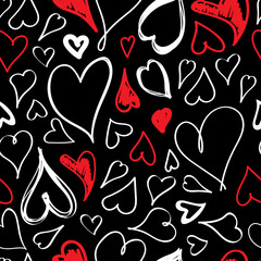 Doodle heart isolated on black seamless pattern. Abstract love hand drawn background. Vector illustration