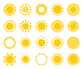 Sun icons isolated on white background set. Flat yellow sunlight symbols. Elements for Solar logo design. Vector illustration