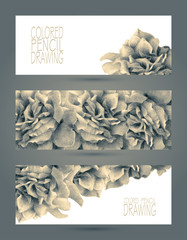 Banners with beautiful roses drawn by hand with colored pencils. Pencil drawing. Place for text. Banners for web. Colorful header. Toned black-and-white
