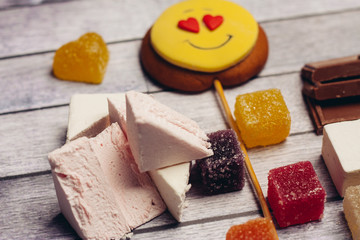 smiley on a stick, lollipop, marshmallow and marmalade