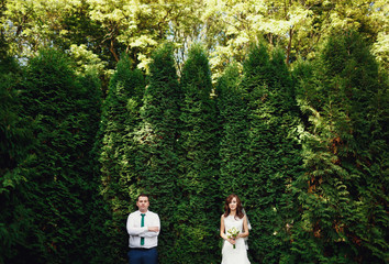The couple in love stands near trees