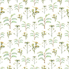 Fototapeta na wymiar Seamless pattern with beautiful spring flowers and plants drawn by hand with colored pencils. Pencil drawing. Can be used for pattern fills, wallpapers, web page, surface textures.