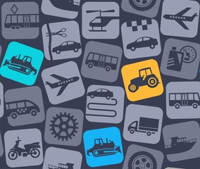 Transport and construction equipment, gray-blue background, seamless, color. Yellow, blue and green, flat icons of tractors and bulldozer on a gray background. Vector. Construction equipment.    