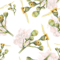 Seamless pattern with beautiful spring flowers and plants drawn by hand with colored pencils. Pencil drawing. Can be used for pattern fills, wallpapers, web page, surface textures.