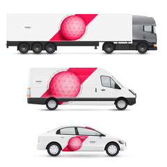 Set of design templates for transport. Mockup of passenger car, bus and van. Branding for advertising and corporate identity. Graphics elements with abstract polygonal sphere.