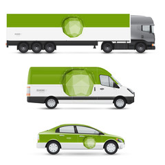 Set of design templates for transport. Mockup of passenger car, bus and van. Branding for advertising and corporate identity. Graphics elements with abstract polygonal sphere.