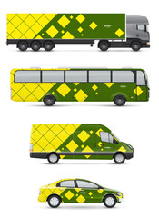 Mockup vehicles for advertising and corporate identity. Branding design for transport. Passenger car, bus and van. Graphics elements with abstract modern geometric shapes.