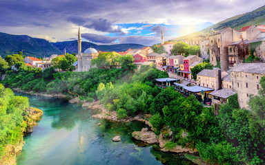 Sunrise over Mostar Old Town, Bosnia and Herzegovina - obrazy, fototapety, plakaty