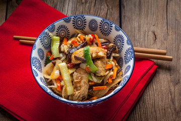 Bowl of fried chicken with vegetables.