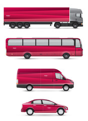 Mockup vehicles for advertising and corporate identity. Branding design for transport. Passenger car, bus and van. Graphics elements with abstract modern geometric shapes.