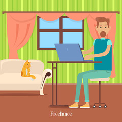 Freelancer at Work. Man with Beard Sit at Desk