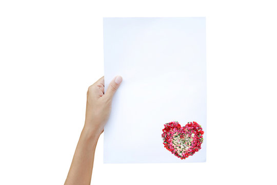 Woman hands holding flat paper with image of heart roses flower isolated on white background