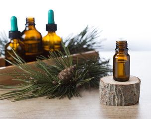 Obraz na płótnie Canvas Pine essential oil and pine twigs