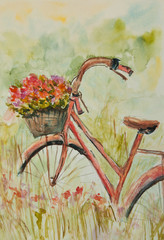 Bicycle with flowers in basket , watercolor painting