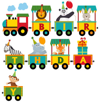 birthday train with characters - vector illustration, eps