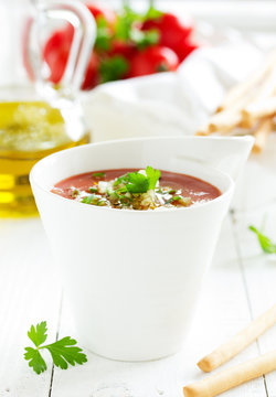 gaspacho- Spanish soup made with fresh tomato. Selective focus.
