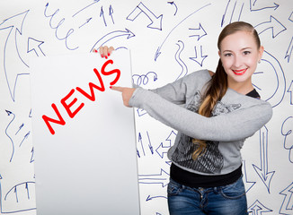 Young woman holding whiteboard with writing word: news. Technology, internet, business and marketing.