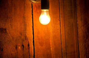 Electric light bulb on wooden background