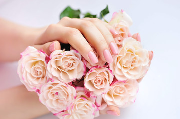 Hands of a woman with pink roses against white background