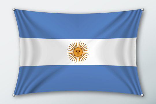 Argentina national flag. Symbol of the country on a stretched fabric with waves attached with pins. Realistic vector illustration.